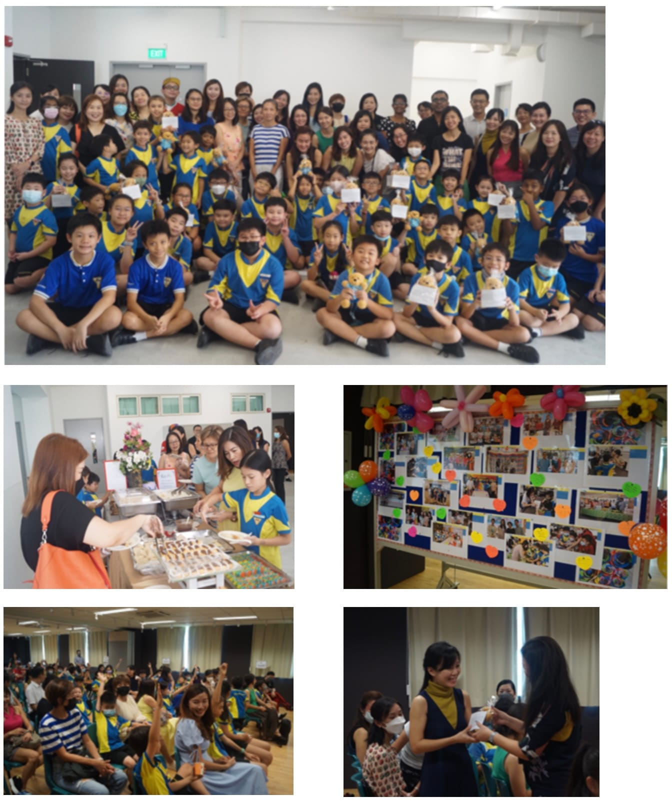 A school event collage showing students in blue and yellow uniforms posing with adults, a food table, a photo display board, and a ceremony.